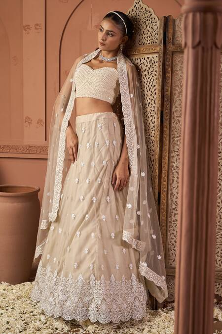 Shop_Tasuvure Indes_Beige Net Sequins, Embroidery Sweetheart Neck Lehenga Set _Online_at_Aza_Fashions