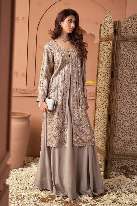 Tasuvure Indes_Brown Net Sequins Round Neck Tunic And Flared Skirt Set _Online_at_Aza_Fashions