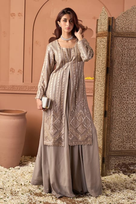 Shop_Tasuvure Indes_Brown Net Sequins Round Neck Tunic And Flared Skirt Set _Online_at_Aza_Fashions