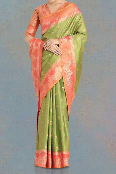 Naintara Bajaj Olive Green Embroidery V-neck Banarasi Tissue Silk Saree Set Online at Aza Fashions Naintara Bajaj_Olive Green Embroidery V-neck Banarasi Tissue Silk Saree Set _Online_at_Aza_Fashions