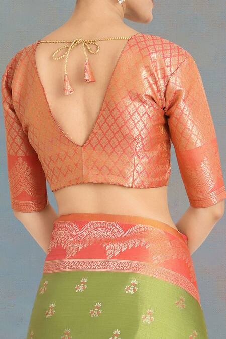 Shop Naintara Bajaj Olive Green Embroidery V-neck Banarasi Tissue Silk Saree Set Online at Aza Fashions Shop_Naintara Bajaj_Olive Green Embroidery V-neck Banarasi Tissue Silk Saree Set _Online_at_Aza_Fashions