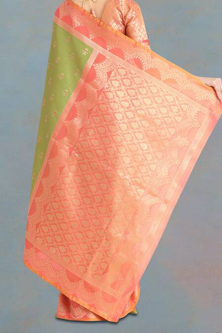 Naintara Bajaj Olive Green Embroidery V-neck Banarasi Tissue Silk Saree Set at Aza Fashions Naintara Bajaj_Olive Green Embroidery V-neck Banarasi Tissue Silk Saree Set _at_Aza_Fashions