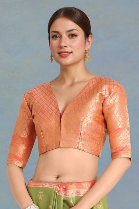 Buy Naintara Bajaj Olive Green Embroidery V-neck Banarasi Tissue Silk Saree Set Buy_Naintara Bajaj_Olive Green Embroidery V-neck Banarasi Tissue Silk Saree Set