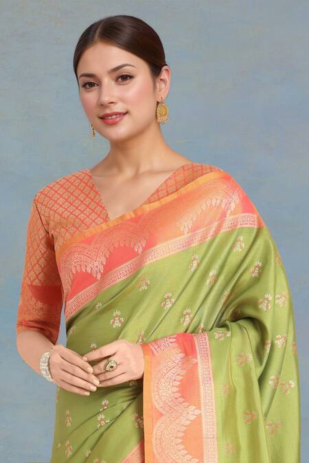 Shop Naintara Bajaj Olive Green Embroidery V-neck Banarasi Tissue Silk Saree Set Shop_Naintara Bajaj_Olive Green Embroidery V-neck Banarasi Tissue Silk Saree Set