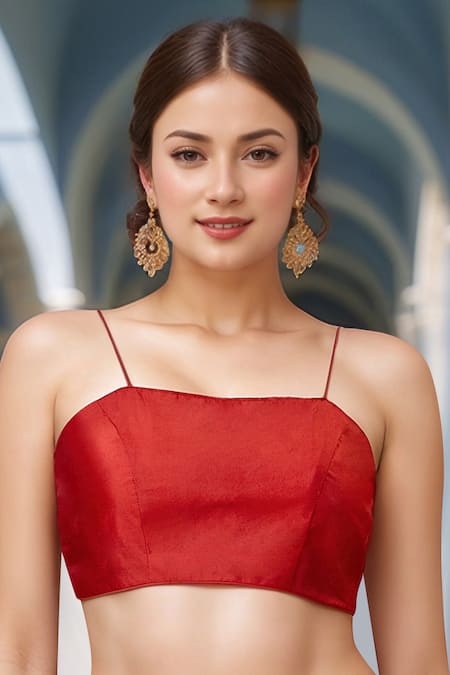 Samyukta Singhania Red Plain Noodle Strap Blouse 