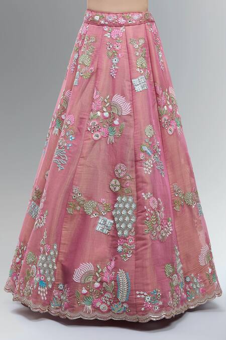 Samyukta Singhania_Pink Net Beads, Sequins, Zari, Embroidery, Stones V-neck Lehenga Set_Online_at_Aza_Fashions