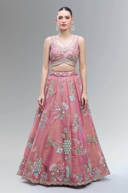Buy_Samyukta Singhania_Pink Net Beads, Sequins, Zari, Embroidery, Stones V-neck Lehenga Set_Online_at_Aza_Fashions