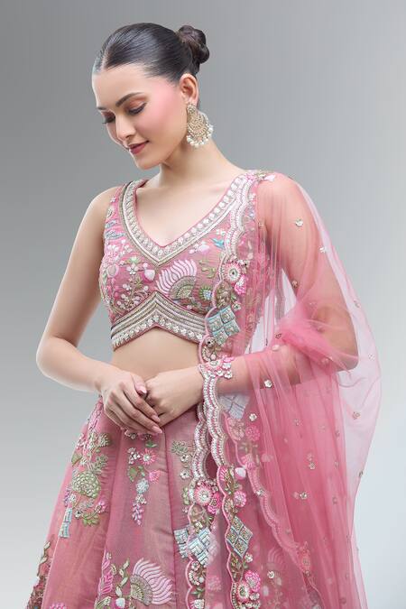 Shop_Samyukta Singhania_Pink Net Beads, Sequins, Zari, Embroidery, Stones V-neck Lehenga Set_Online_at_Aza_Fashions