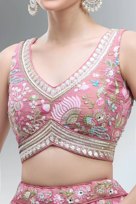 Samyukta Singhania_Pink Net Beads, Sequins, Zari, Embroidery, Stones V-neck Lehenga Set_at_Aza_Fashions