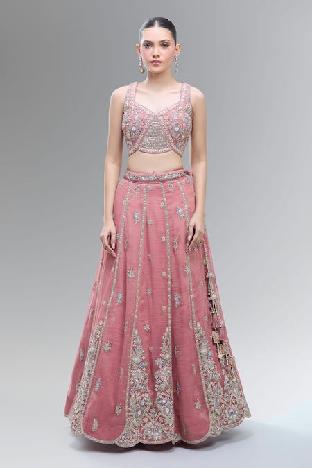 Buy_Samyukta Singhania_Pink Tissue Embroidery, Zari, Beads, Sequins, Stones Classic Lehenga Set_Online_at_Aza_Fashions