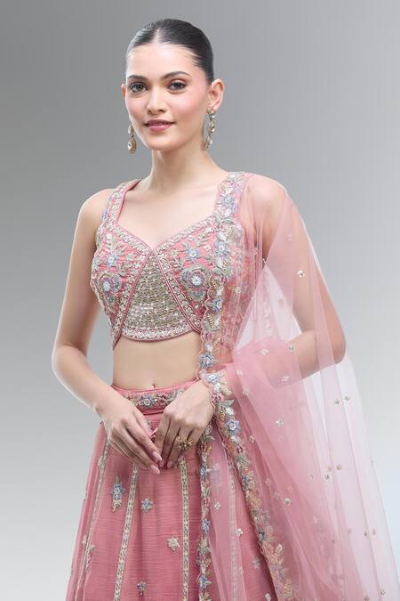 Shop_Samyukta Singhania_Pink Tissue Embroidery, Zari, Beads, Sequins, Stones Classic Lehenga Set_Online_at_Aza_Fashions