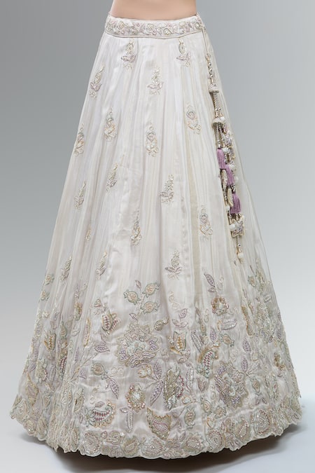 Buy_Samyukta Singhania_Cream Tissue, Viscose, Rayon Classic Lehenga Set With Purple Dupatta _Online_at_Aza_Fashions