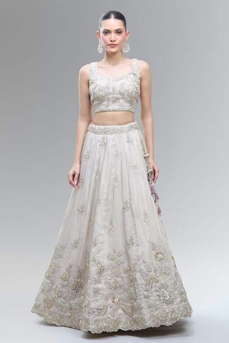 Samyukta Singhania_Cream Tissue, Viscose, Rayon Classic Lehenga Set With Purple Dupatta _at_Aza_Fashions