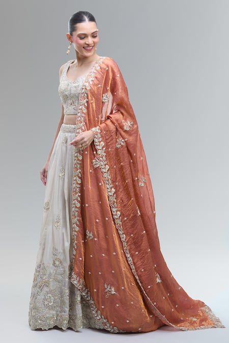Samyukta Singhania_Cream Tissue, Viscose, Rayon Beads, Classic Lehenga Set With Orange Dupatta _at_Aza_Fashions
