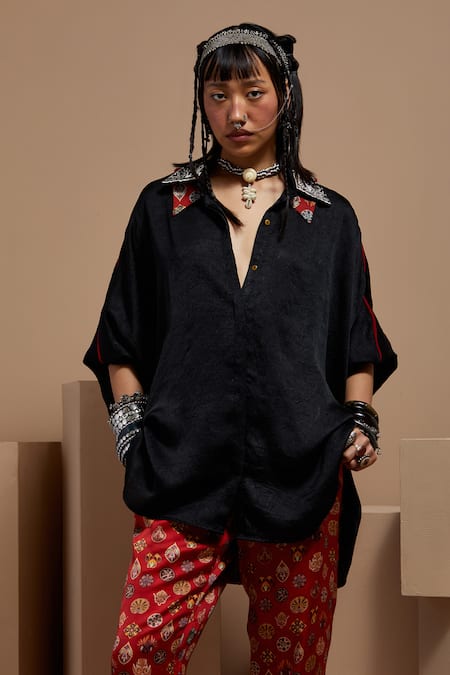Aseem Kapoor Black Silk Embroidery Collared Mandala Shirt 