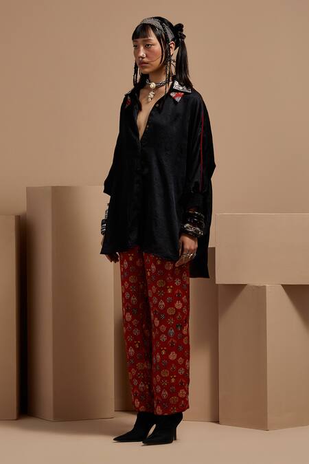 Aseem Kapoor Black Silk Embroidery Collared Mandala Shirt Online at Aza Fashions Aseem Kapoor_Black Silk Embroidery Collared Mandala Shirt _Online_at_Aza_Fashions