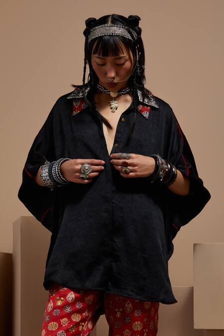 Shop Aseem Kapoor Black Silk Embroidery Collared Mandala Shirt Online at Aza Fashions Shop_Aseem Kapoor_Black Silk Embroidery Collared Mandala Shirt _Online_at_Aza_Fashions