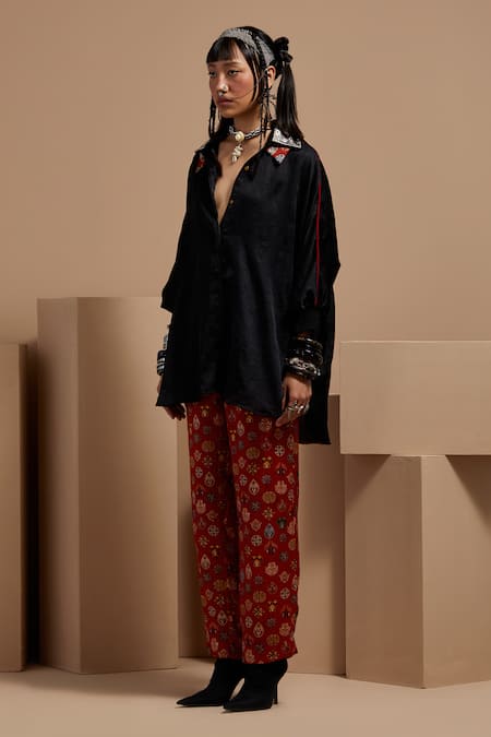 Aseem Kapoor Black Embroidery Collared Mandala Shirt And Trouser Set at Aza Fashions Aseem Kapoor_Black Embroidery Collared Mandala Shirt And Trouser Set _at_Aza_Fashions
