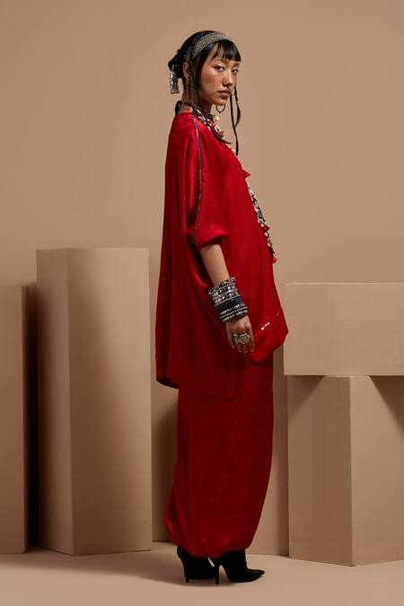 Aseem Kapoor Maroon Silk Tassels Round Neck Kuru Trapeze Kurta Set Online at Aza Fashions Aseem Kapoor_Maroon Silk Tassels Round Neck Kuru Trapeze Kurta Set _Online_at_Aza_Fashions