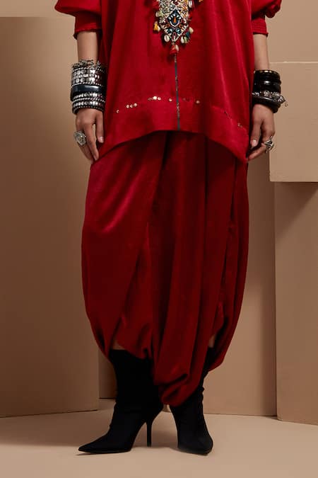 Buy Aseem Kapoor Maroon Silk Tassels Round Neck Kuru Trapeze Kurta Set Online at Aza Fashions Buy_Aseem Kapoor_Maroon Silk Tassels Round Neck Kuru Trapeze Kurta Set _Online_at_Aza_Fashions