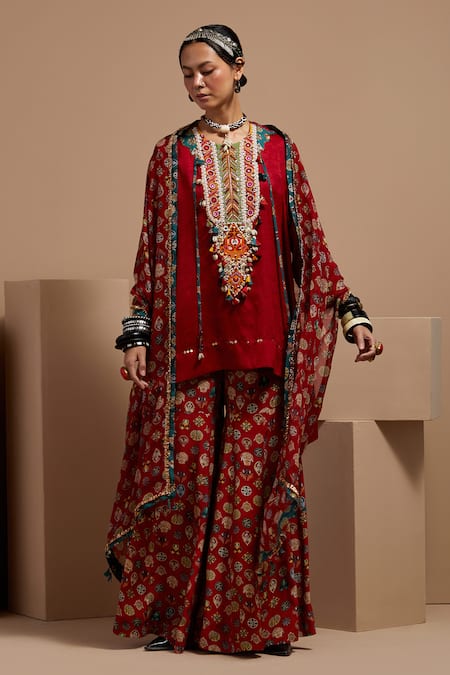 Aseem Kapoor Maroon Crepe, Silk Beads Round Neck Resham Embroidered Kurta Set 