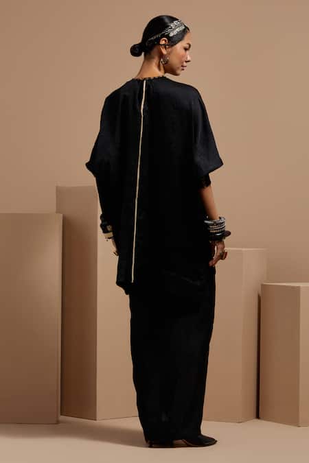 Shop Aseem Kapoor Black Silk Tassels Round Neck Kuru Trapeze Kurta Set at Aza Fashions Shop_Aseem Kapoor_Black Silk Tassels Round Neck Kuru Trapeze Kurta Set _at_Aza_Fashions