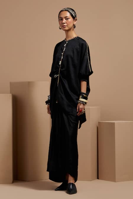 Shop Aseem Kapoor Black Silk Tassels Round Neck Kuru Trapeze Kurta Set Online at Aza Fashions Shop_Aseem Kapoor_Black Silk Tassels Round Neck Kuru Trapeze Kurta Set _Online_at_Aza_Fashions