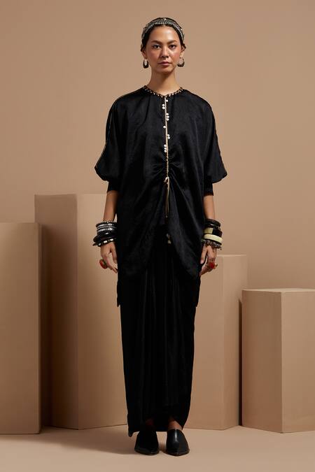 Aseem Kapoor Black Beads, Tassels Round Neck Resham Embroidered Gilet Set Online at Aza Fashions Aseem Kapoor_Black Beads, Tassels Round Neck Resham Embroidered Gilet Set _Online_at_Aza_Fashions