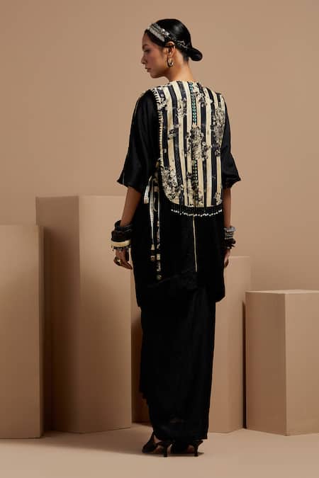 Shop Aseem Kapoor Black Beads, Tassels Round Neck Resham Embroidered Gilet Set at Aza Fashions Shop_Aseem Kapoor_Black Beads, Tassels Round Neck Resham Embroidered Gilet Set _at_Aza_Fashions