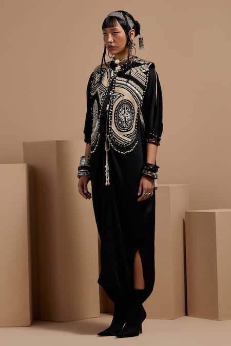 Aseem Kapoor Black Beads Collared Resham Embroidered Gilet Set at Aza Fashions Aseem Kapoor_Black Beads Collared Resham Embroidered Gilet Set _at_Aza_Fashions