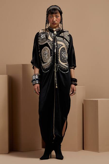 Aseem Kapoor Black Beads Collared Resham Embroidered Gilet Set 