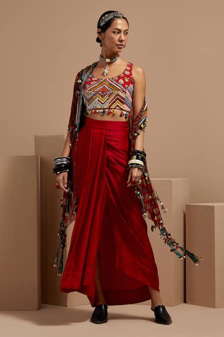 Aseem Kapoor Maroon Cotton, Silk, Satin Sequins, Embroidery Sequence Highlighted Crop Top 
