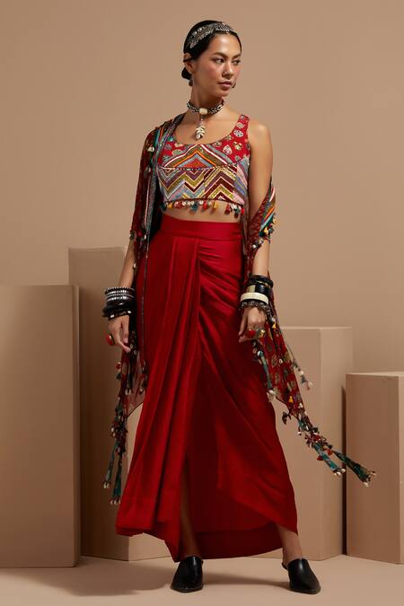 Buy Aseem Kapoor Maroon Silk Sequins, Beads Open , Round Fusion Jacket And Skirt Set Online at Aza Fashions Buy_Aseem Kapoor_Maroon Silk Sequins, Beads Open , Round Fusion Jacket And Skirt Set _Online_at_Aza_Fashions