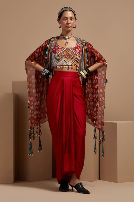 Aseem Kapoor Maroon Silk Sequins, Beads Open , Round Fusion Jacket And Skirt Set 