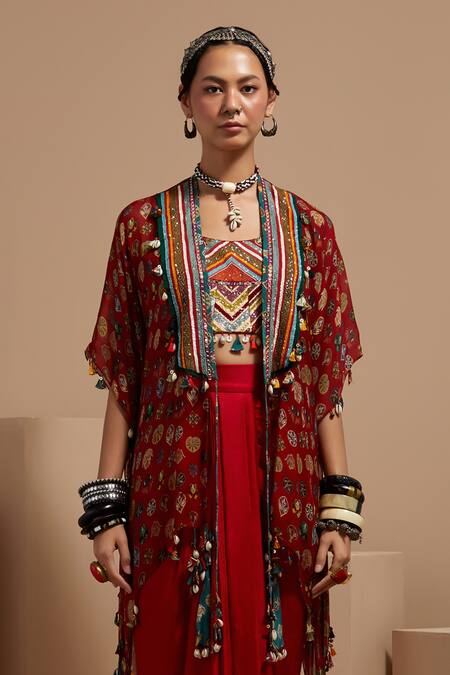 Buy Aseem Kapoor Maroon Silk Sequins, Beads Open , Round Fusion Jacket And Skirt Set Buy_Aseem Kapoor_Maroon Silk Sequins, Beads Open , Round Fusion Jacket And Skirt Set