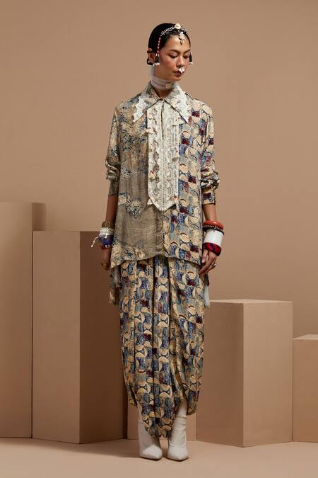 Buy Aseem Kapoor Multi Color Crepe Lace Collared Work Straight Shirt Online at Aza Fashions Buy_Aseem Kapoor_Multi Color Crepe Lace Collared Work Straight Shirt _Online_at_Aza_Fashions