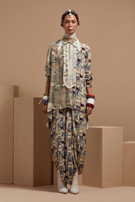 Aseem Kapoor Multi Color Crepe Lace Collared Printed Shirt And Trouser Set Online at Aza Fashions Aseem Kapoor_Multi Color Crepe Lace Collared Printed Shirt And Trouser Set _Online_at_Aza_Fashions