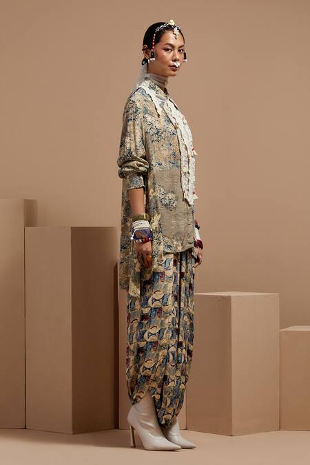 Shop Aseem Kapoor Multi Color Crepe Lace Collared Printed Shirt And Trouser Set Online at Aza Fashions Shop_Aseem Kapoor_Multi Color Crepe Lace Collared Printed Shirt And Trouser Set _Online_at_Aza_Fashions