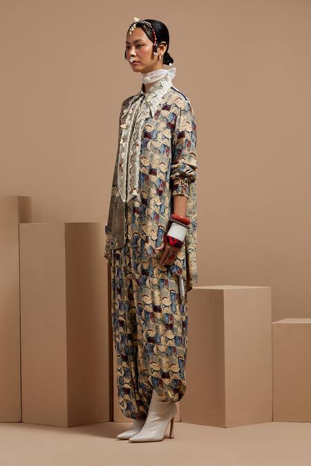 Aseem Kapoor Multi Color Crepe Lace Collared Printed Shirt And Trouser Set at Aza Fashions Aseem Kapoor_Multi Color Crepe Lace Collared Printed Shirt And Trouser Set _at_Aza_Fashions
