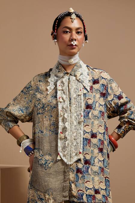 Buy Aseem Kapoor Multi Color Crepe Lace Collared Printed Shirt And Trouser Set Buy_Aseem Kapoor_Multi Color Crepe Lace Collared Printed Shirt And Trouser Set