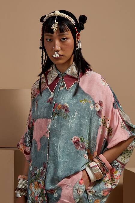 Aseem Kapoor Multi Color Crepe Embroidery Collared Mandala Shirt at Aza Fashions Aseem Kapoor_Multi Color Crepe Embroidery Collared Mandala Shirt _at_Aza_Fashions