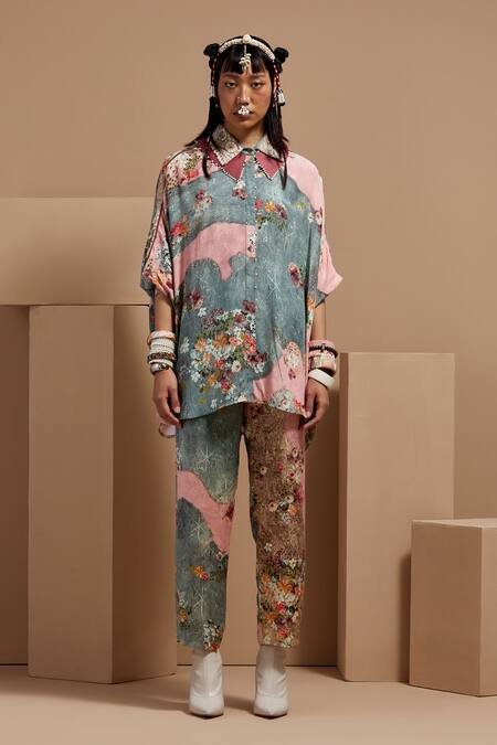 Shop Aseem Kapoor Multi Color Crepe Embroidery Collared Mandala Shirt And Trouser Set Online at Aza Fashions Shop_Aseem Kapoor_Multi Color Crepe Embroidery Collared Mandala Shirt And Trouser Set _Online_at_Aza_Fashions