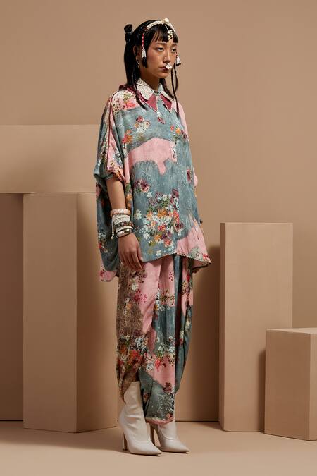 Shop Aseem Kapoor Multi Color Crepe Embroidery Collared Mandala Printed Shirt And Draped Trouser Set Online at Aza Fashions Shop_Aseem Kapoor_Multi Color Crepe Embroidery Collared Mandala Printed Shirt And Draped Trouser Set _Online_at_Aza_Fashions