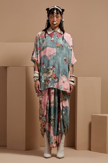 ASEEM KAPOOR Multi Color Crepe Embroidery Collared Mandala Printed Shirt And Draped Trouser Set 