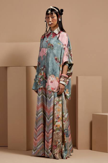 Aseem Kapoor Multi Color Crepe Embroidery Collared Mandala Printed Shirt And Sharara Set Online at Aza Fashions Aseem Kapoor_Multi Color Crepe Embroidery Collared Mandala Printed Shirt And Sharara Set _Online_at_Aza_Fashions