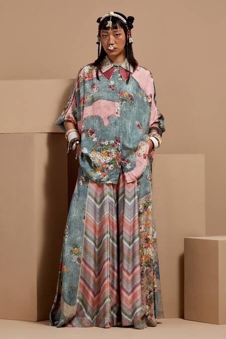 Buy Aseem Kapoor Multi Color Crepe Embroidery Collared Mandala Printed Shirt And Sharara Set Online at Aza Fashions Buy_Aseem Kapoor_Multi Color Crepe Embroidery Collared Mandala Printed Shirt And Sharara Set _Online_at_Aza_Fashions