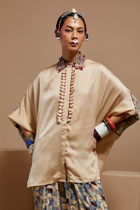 ASEEM KAPOOR Cream Silk Embroidery Collared Ecru Mandala Crushed Shirt 