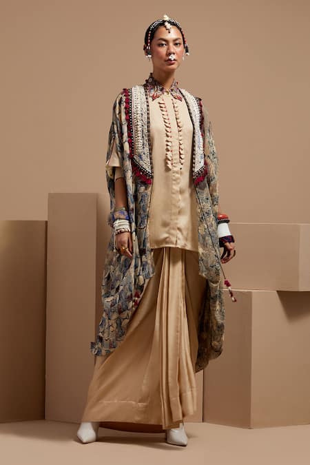 ASEEM KAPOOR Multi Color Silk Tassels, Beads Open Neck, Resham Embroidered Jacket Set 