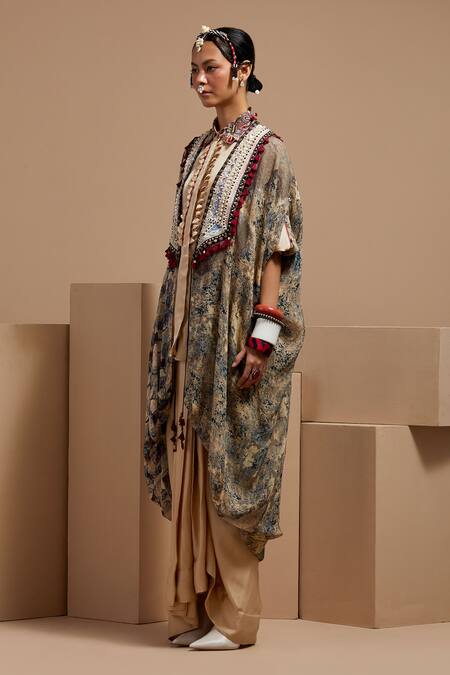 Shop Aseem Kapoor Multi Color Silk Tassels, Beads Open Neck, Resham Embroidered Jacket Set Online at Aza Fashions Shop_Aseem Kapoor_Multi Color Silk Tassels, Beads Open Neck, Resham Embroidered Jacket Set _Online_at_Aza_Fashions