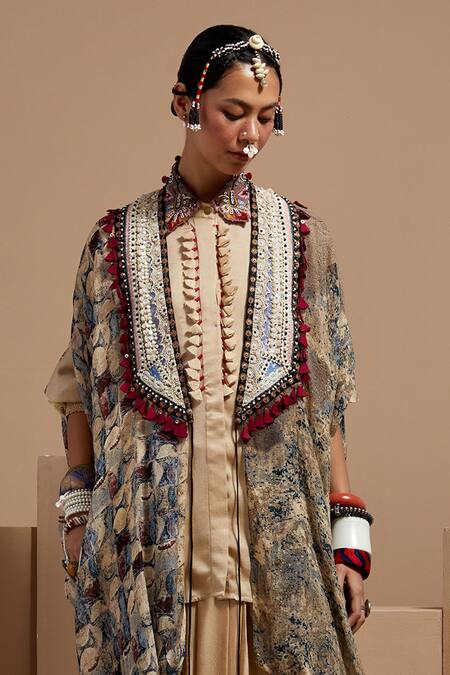 Shop Aseem Kapoor Multi Color Silk Tassels, Beads Open Neck, Resham Embroidered Jacket Set Shop_Aseem Kapoor_Multi Color Silk Tassels, Beads Open Neck, Resham Embroidered Jacket Set